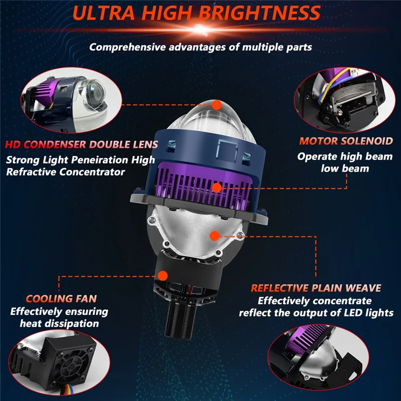 T04 Un par de faros LED de 3 pulgadas con proyector de matriz para coche, compatible con H4 / H7 / H11 / 9005 / 9006, lámpara de cabeza láser