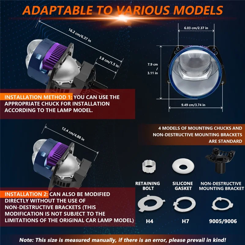 T04 Un par de faros LED de 3 pulgadas con proyector de matriz para coche, compatible con H4 / H7 / H11 / 9005 / 9006, lámpara de cabeza láser