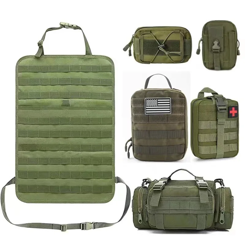 Car Back Seat Tactical Organizer Multifunction Vehicle Molle Panel Backrest Hanging Bag with 5 Detachable Molle Pouch - Green