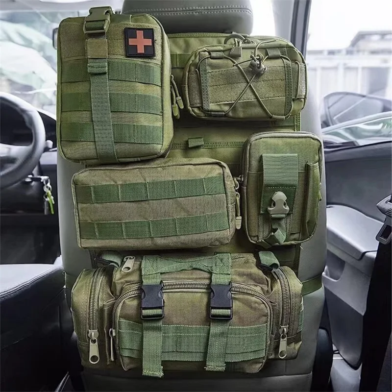 Car Back Seat Tactical Organizer Multifunction Vehicle Molle Panel Backrest Hanging Bag with 5 Detachable Molle Pouch - Green