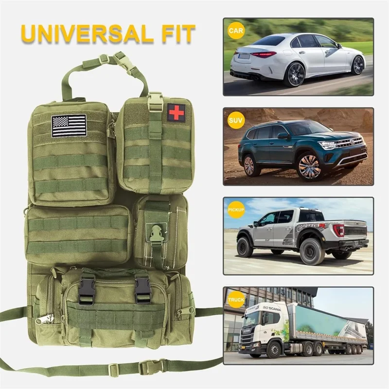 Car Back Seat Tactical Organizer Multifunction Vehicle Molle Panel Backrest Hanging Bag with 5 Detachable Molle Pouch - Green