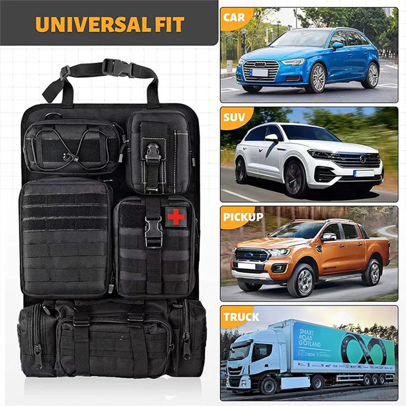 Car Back Seat Tactical Organizer Multifunction Vehicle Molle Panel Backrest Hanging Bag with 5 Detachable Molle Pouch - Green