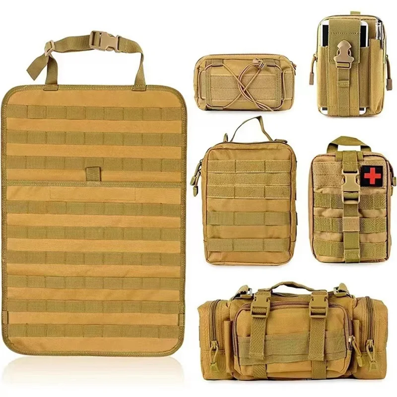 Car Back Seat Tactical Organizer Multifunction Vehicle Molle Panel Backrest Hanging Bag with 5 Detachable Molle Pouch - Khaki