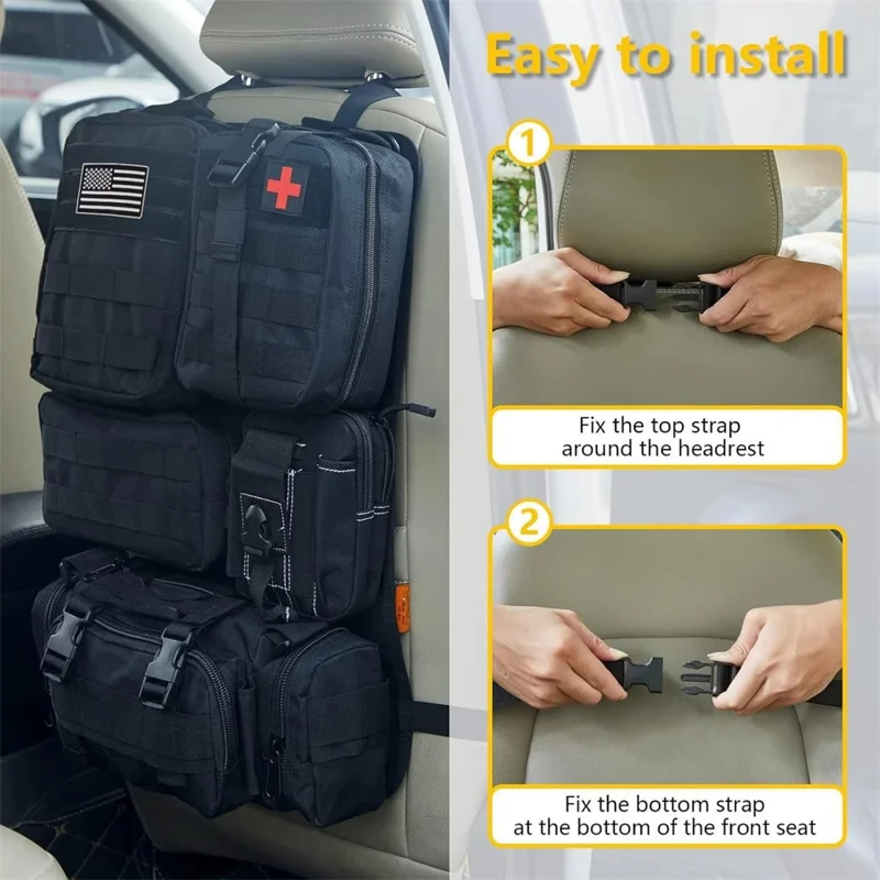 Car Back Seat Tactical Organizer Multifunction Vehicle Molle Panel Backrest Hanging Bag with 5 Detachable Molle Pouch - Khaki