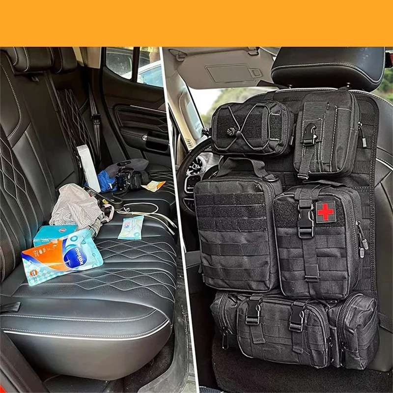 Car Back Seat Tactical Organizer Multifunction Vehicle Molle Panel Backrest Hanging Bag with 5 Detachable Molle Pouch - Khaki