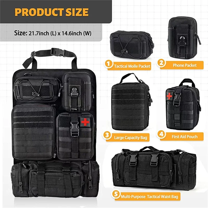 Car Back Seat Tactical Organizer Multifunction Vehicle Molle Panel Backrest Hanging Bag with 5 Detachable Molle Pouch - Khaki
