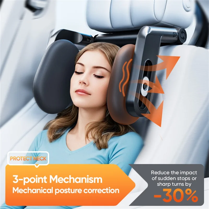 Car Headrest Memory Foam Neck Support Pillow Adjustable 3 Axis Linkage Dual Hook Cushion for Side Sleeping - Black