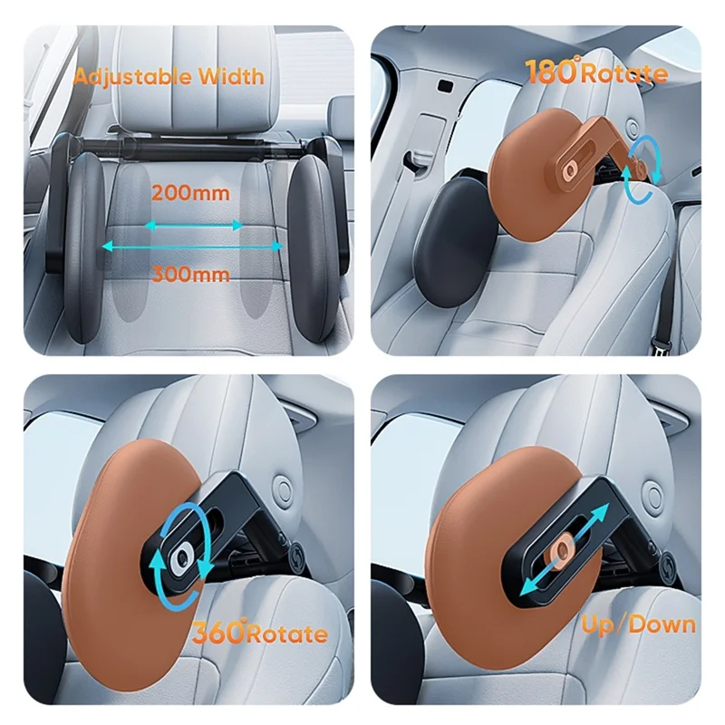 Car Headrest Memory Foam Neck Support Pillow Adjustable 3 Axis Linkage Dual Hook Cushion for Side Sleeping - Black