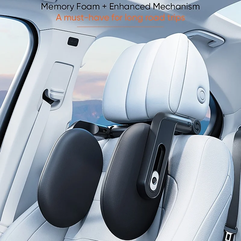 Car Headrest Memory Foam Neck Support Pillow Adjustable 3 Axis Linkage Dual Hook Cushion for Side Sleeping - Black