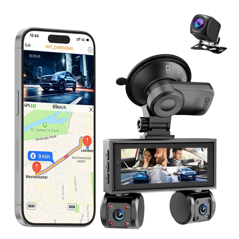 W3 WiFi Cámara de salpicadero de 4 canales con visión nocturna y cuatro lentes, grabador de conducción para vehículos con módulo GPS