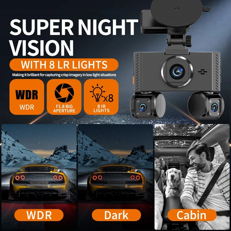 W3 WiFi 4 Channel Dash Cam 2K Night Vision Quad Lens Car DVR Vehicle Driving Recorder with GPS Module + Step-Down Cable