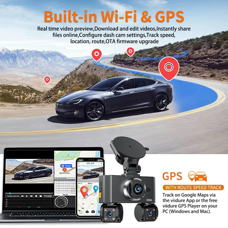 W3 WiFi 4 Channel Dash Cam 2K Night Vision Quad Lens Car DVR Vehicle Driving Recorder with GPS Module + Step-Down Cable