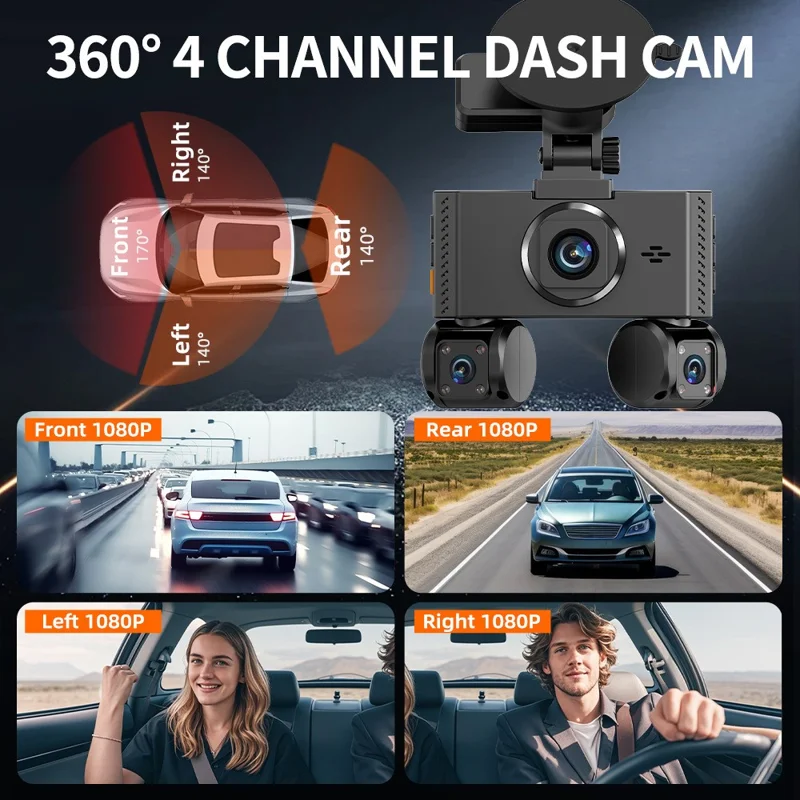 W3 WiFi 4 Channel Dash Cam 2K Night Vision Quad Lens Car DVR Vehicle Driving Recorder with GPS Module + Step-Down Cable