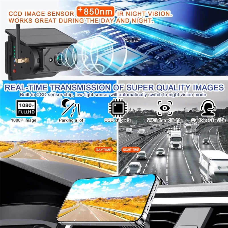 Cámara HD con Energía Solar Magnética para Salpicadero de Coche o Camión, Sistema WiFi de Marcha Atrás