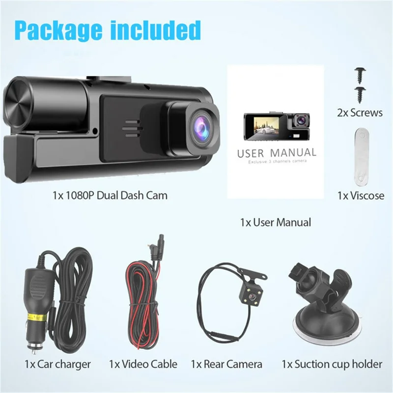 A22 1080P Dreifach-Objektiv Autokamera mit Nachtsicht, WiFi-Dashcam und Rückfahrkamera