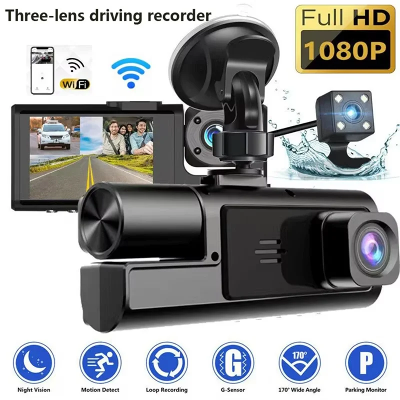 A22 1080P Dreifach-Objektiv Autokamera mit Nachtsicht, WiFi-Dashcam und Rückfahrkamera