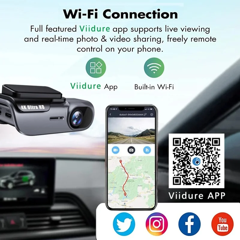 Câmera Veicular K05 4K com WiFi, Visão Noturna HD, Monitor de Estacionamento e Gravação Time-Lapse, Alimentação por Acendedor de Cigarro