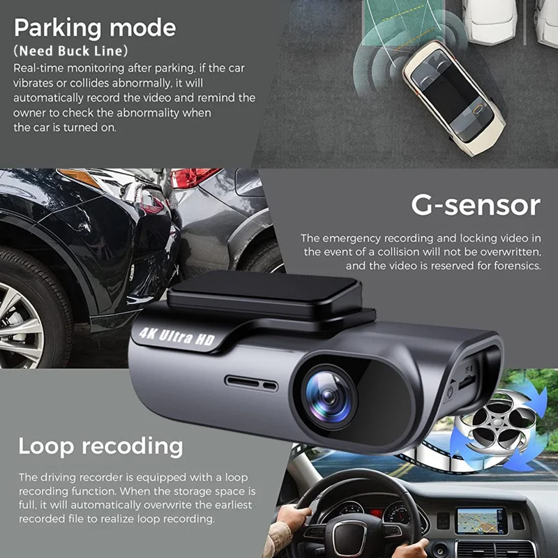 Câmera Veicular K05 4K com WiFi, Visão Noturna HD, Monitor de Estacionamento e Gravação Time-Lapse, Alimentação por Acendedor de Cigarro