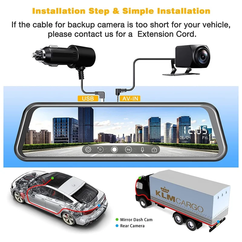 10 Zoll Vollbild-2K-Rückfahrkamera mit WLAN, Dual-Objektiv und Rückfahrhilfe, mit 64 GB Speicherkarte