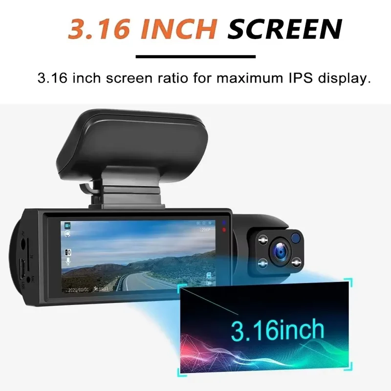 3,16 Zoll IPS-Bildschirm Dual-Objektiv Dashcam Vorne und Innen Aufnahme HD Nachtsicht Weitwinkel Rückfahrkamera Monitor