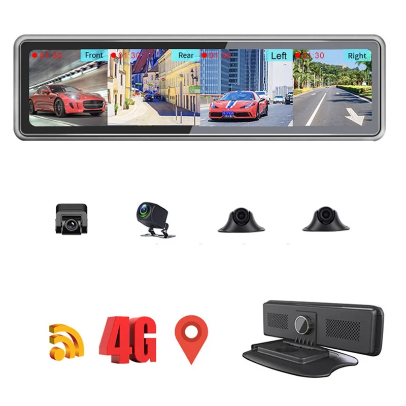 T88 Caméra de Tableau de Bord Intelligente Rétroviseur 4G Enregistrement Quadruple 360 Degrés Écran Plein 12 Pouces Android 9.0