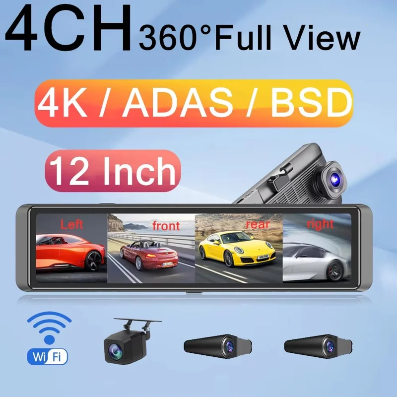 12 Zoll Volle Bildschirm Vier-Kanal Aufnahmekamera 360 Grad Toter-Winkel-Erkennung ADAS 4K Dashcam