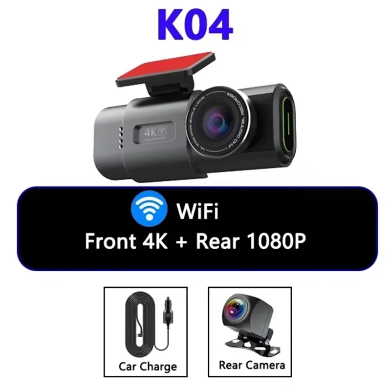 4K + 1080P Dual Lens Dash Cam Ultra Wide Angle Night Vision Front and Rear WiFi Recorder, Car Charger Version