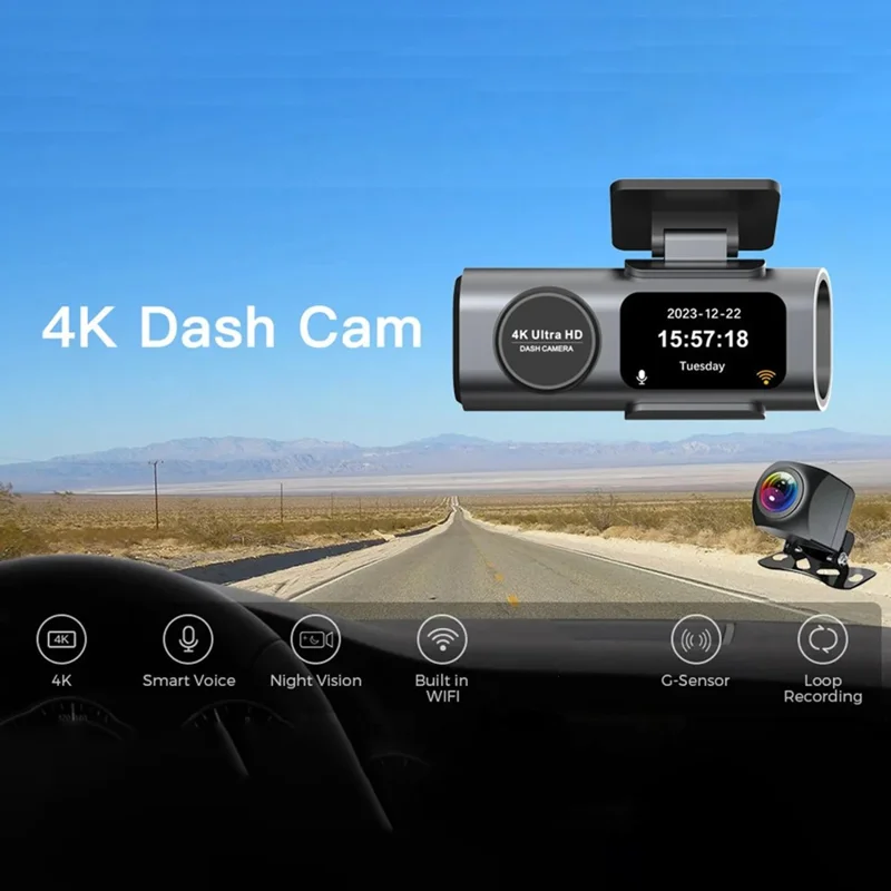 4K + 1080P Dual Lens Dash Cam Ultra Wide Angle Night Vision Front and Rear WiFi Recorder, Car Charger Version