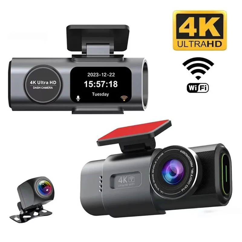 4K + 1080P Dual Lens Dash Cam Ultra Wide Angle Night Vision Front and Rear WiFi Recorder, Car Charger Version