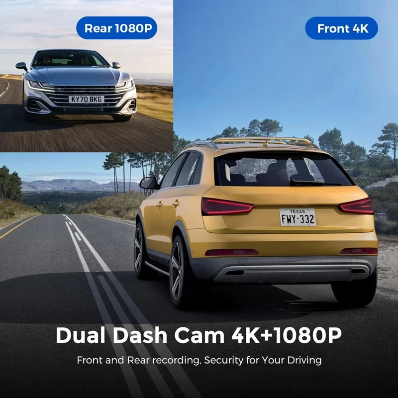4K + 1080P Dual Lens Dash Cam Ultra Wide Angle Night Vision Front and Rear WiFi Recorder, Car Charger Version