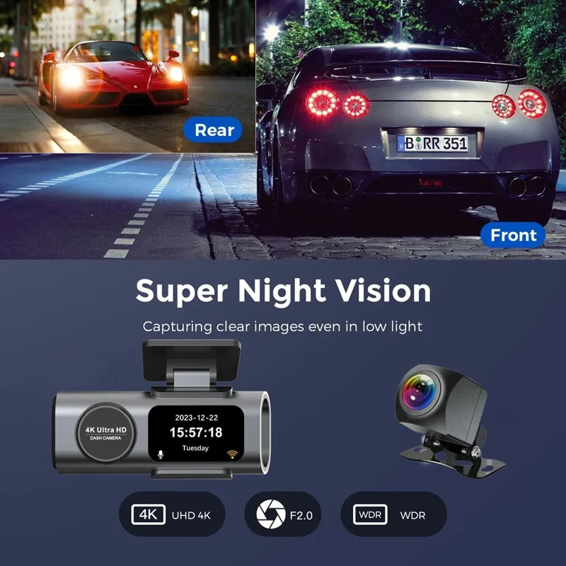4K + 1080P Dual Lens Dash Cam Ultra Wide Angle Night Vision Front and Rear WiFi Recorder, Car Charger Version