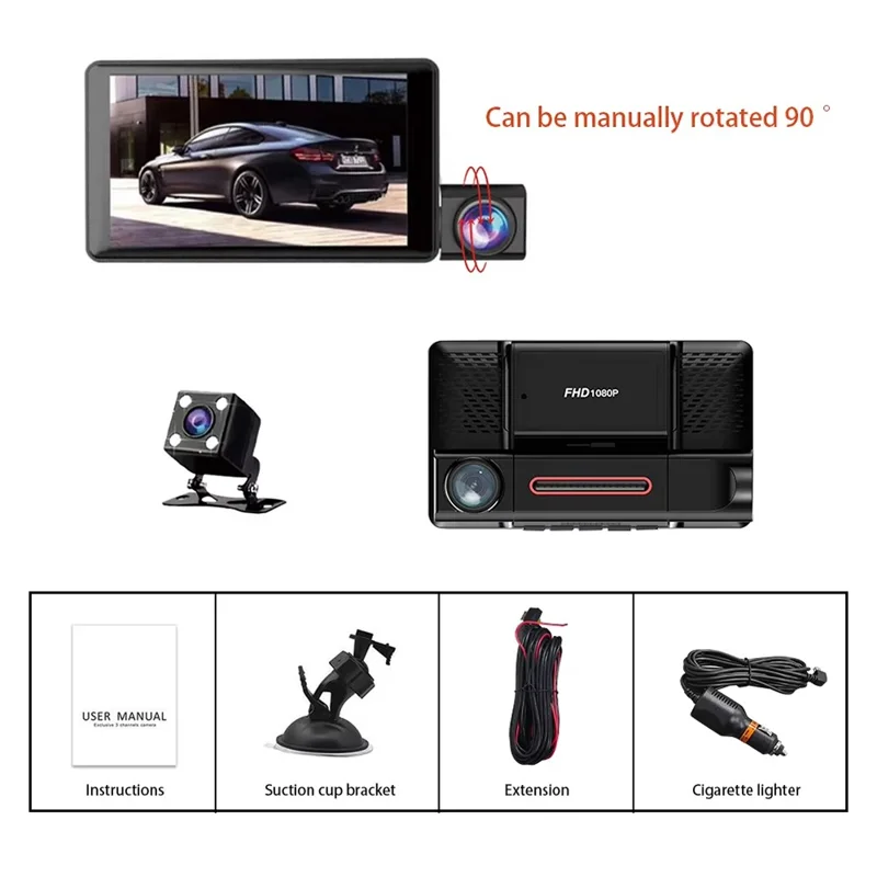 Triple Lnes Car Dash Cam 4 Inch IPS Screen 1080P Front and Rear Camera with Loop Recording