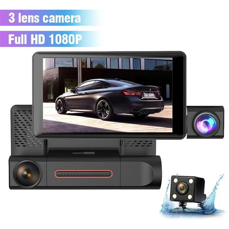 Triple Lnes Car Dash Cam 4 Inch IPS Screen 1080P Front and Rear Camera with Loop Recording