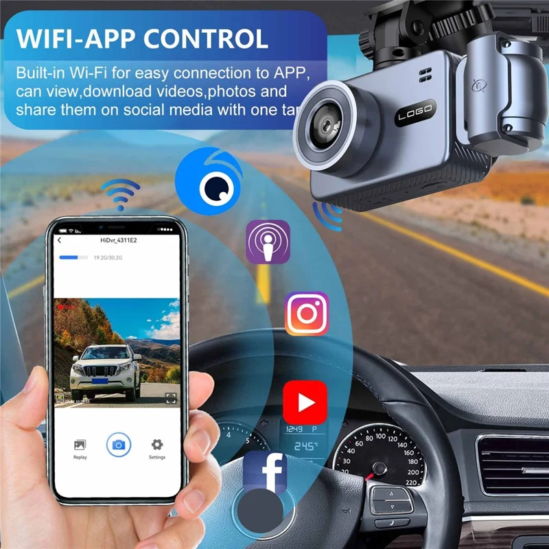 Câmera Veicular 4K com Dupla Lente para Painel, Visão Noturna, Wi-Fi, DVR com Câmera Frontal e Interna e Lente Rotativa de 360 Graus