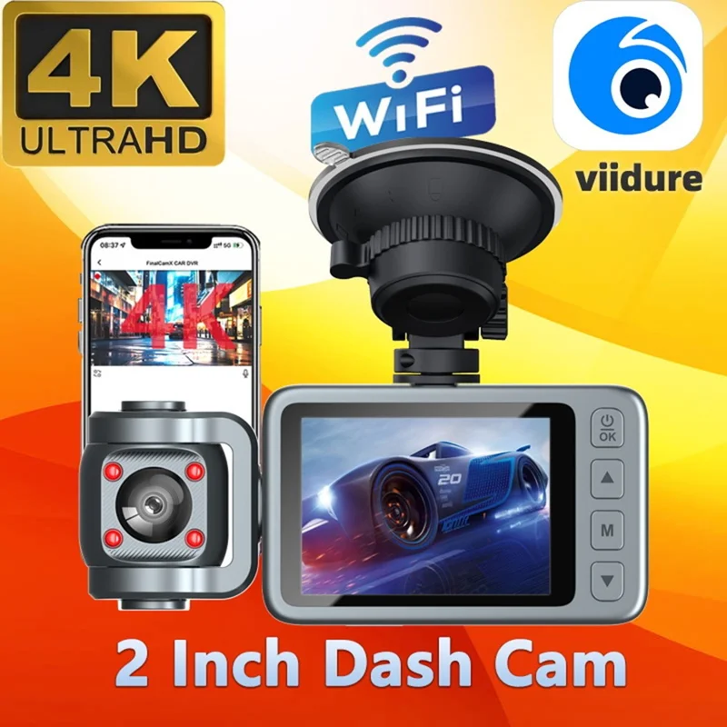 Câmera Veicular 4K com Dupla Lente para Painel, Visão Noturna, Wi-Fi, DVR com Câmera Frontal e Interna e Lente Rotativa de 360 Graus