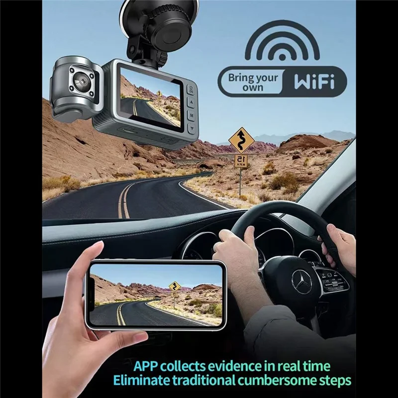 Câmera Veicular 4K com Dupla Lente para Painel, Visão Noturna, Wi-Fi, DVR com Câmera Frontal e Interna e Lente Rotativa de 360 Graus