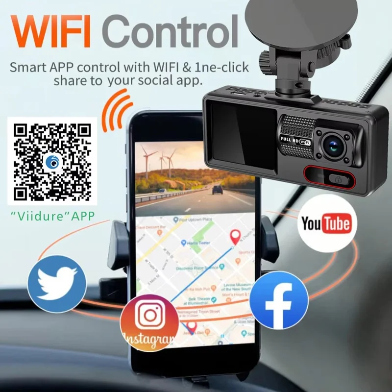 HD 1080P Dreikanal-Dashcam mit Schleifenaufnahme, WLAN und Infrarot-Nachtsicht-Autokamera