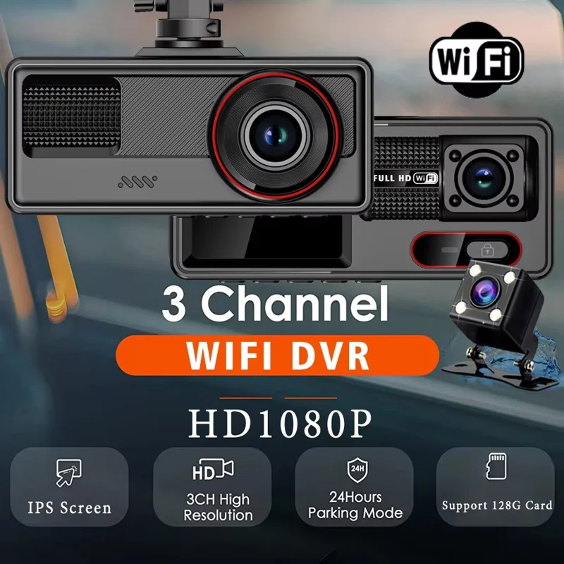 HD 1080P Dreikanal-Dashcam mit Schleifenaufnahme, WLAN und Infrarot-Nachtsicht-Autokamera