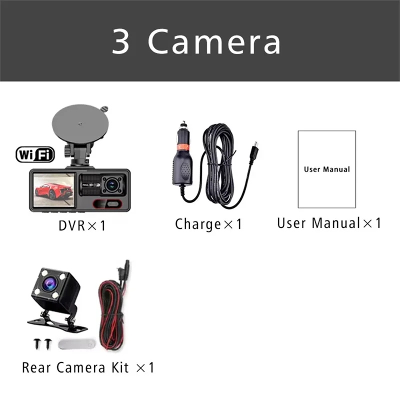 HD 1080P Dreikanal-Dashcam mit Schleifenaufnahme, WLAN und Infrarot-Nachtsicht-Autokamera