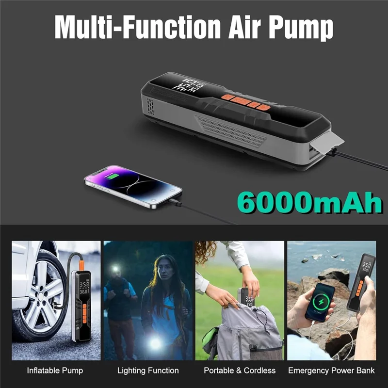 P123 Gonfleur intelligent sans fil multifonction avec affichage numérique, lumière LED et pompe à air portable pour voiture