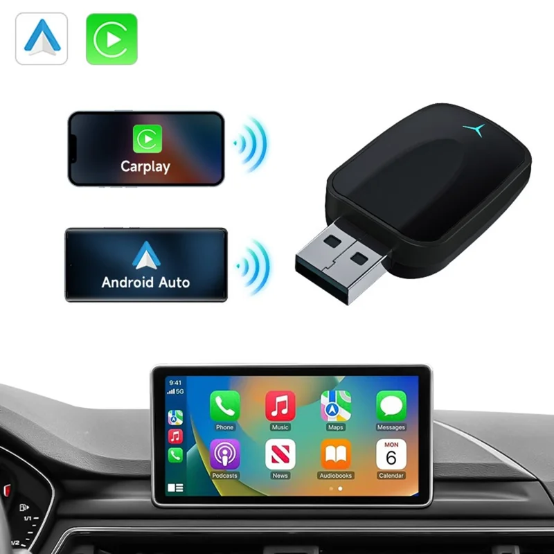 AB051E Adaptateur sans fil 2 en 1 CarPlay Android Auto Bluetooth Compatible Connexion WiFi Dongle USB - Noir