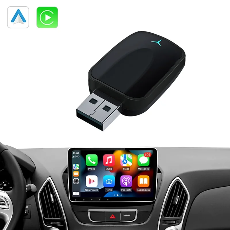 AB051E Adaptateur sans fil 2 en 1 CarPlay Android Auto Bluetooth Compatible Connexion WiFi Dongle USB - Noir