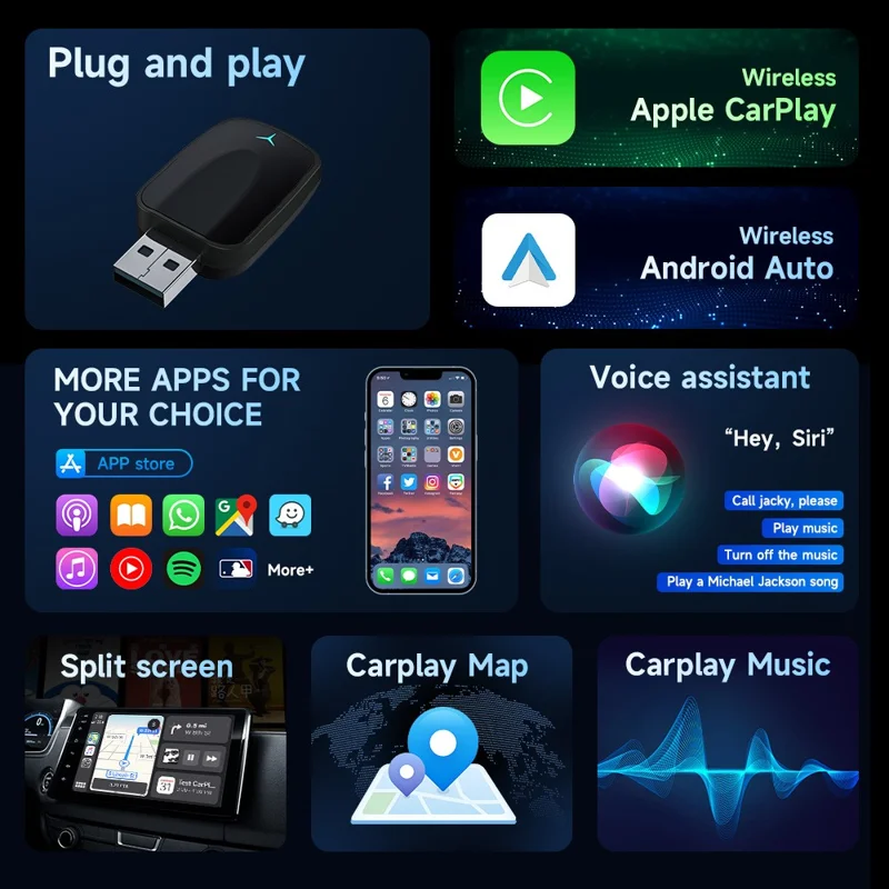AB051E Adaptateur sans fil 2 en 1 CarPlay Android Auto Bluetooth Compatible Connexion WiFi Dongle USB - Noir