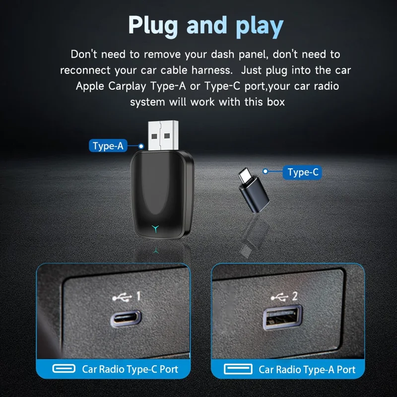 AB051E Adaptateur sans fil 2 en 1 CarPlay Android Auto Bluetooth Compatible Connexion WiFi Dongle USB - Noir