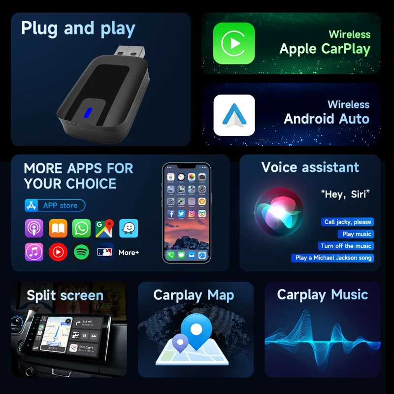 AB025-E CarPlay Android Auto 2-in-1 Drahtloser Adapter Bluetooth-kompatibler WLAN-Wired-to-Wireless-Autokonverter