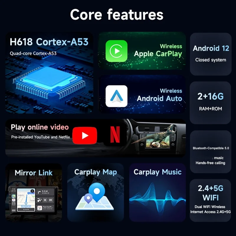 AB038 2+16GB Andriod 12.0 CarPlay Android Auto 3 in 1 Smart Multimedia Adapter Wireless Video Box Support Netflix Youtube