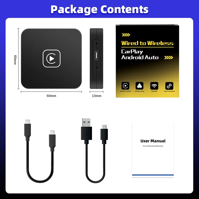 EC04 CarPlay Android Auto Adaptateur sans fil 2 en 1 pour systèmes de voiture filaires Boîtier intelligent de mise à niveau - Noir