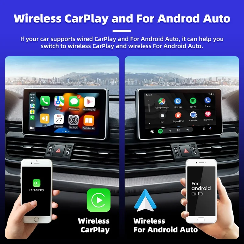 EC04 CarPlay Android Auto Adaptateur sans fil 2 en 1 pour systèmes de voiture filaires Boîtier intelligent de mise à niveau - Noir