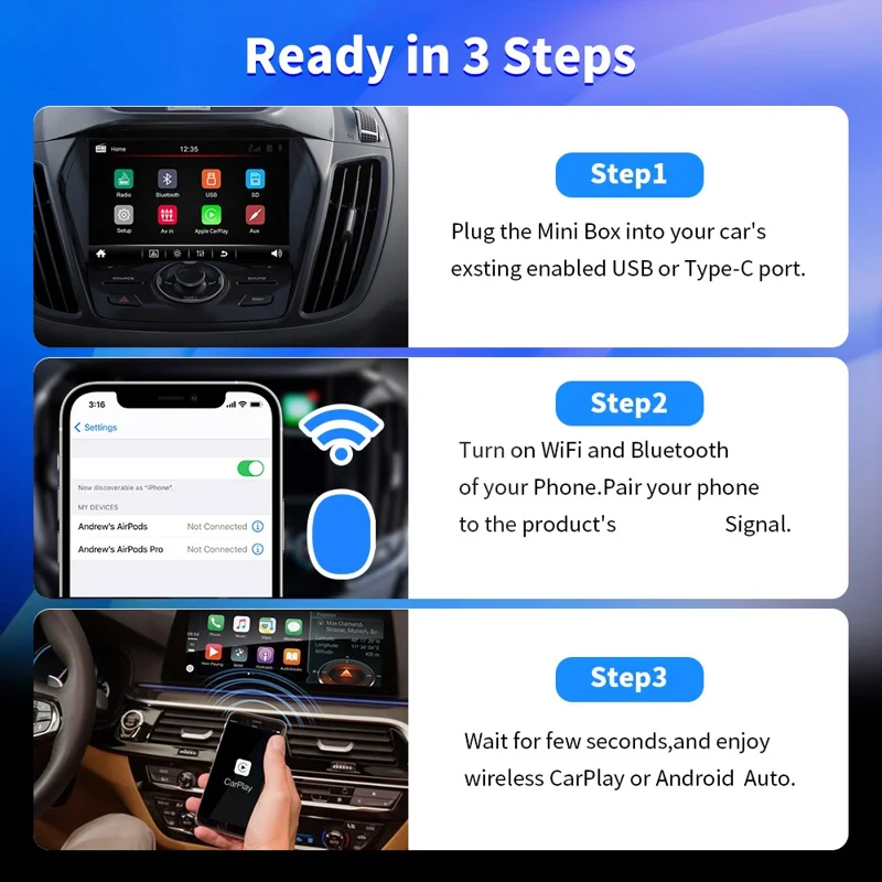 EC04-B Adattatore da Cablato a Wireless Carplay Android Auto Convertitore per Auto