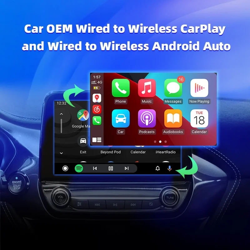 EC04-B Adattatore da Cablato a Wireless Carplay Android Auto Convertitore per Auto